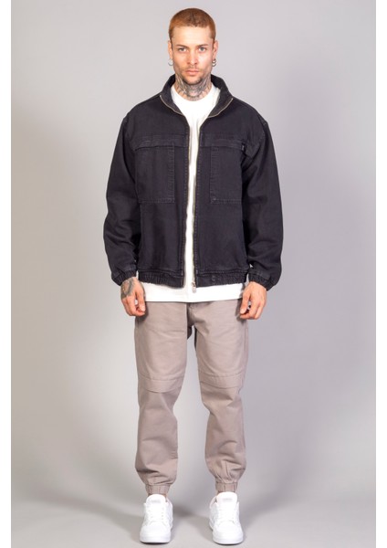 Oversize Siyah Yıkamalı Modelli Erkek Fermuarlı Bomber Kot Ceket