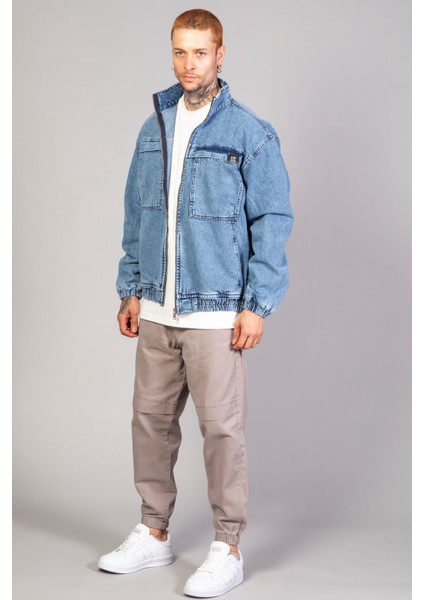 Oversize Buz Mavi Yıkama Modelli Erkek Fermuarlı Bomber Kot Ceket