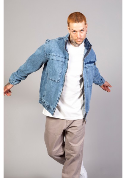 Oversize Buz Mavi Yıkama Modelli Erkek Fermuarlı Bomber Kot Ceket fiyatları