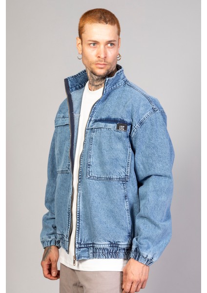 Oversize Buz Mavi Yıkama Modelli Erkek Fermuarlı Bomber Kot Ceket