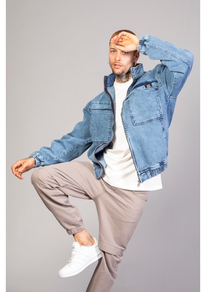 Oversize Buz Mavi Yıkama Modelli Erkek Fermuarlı Bomber Kot Ceket