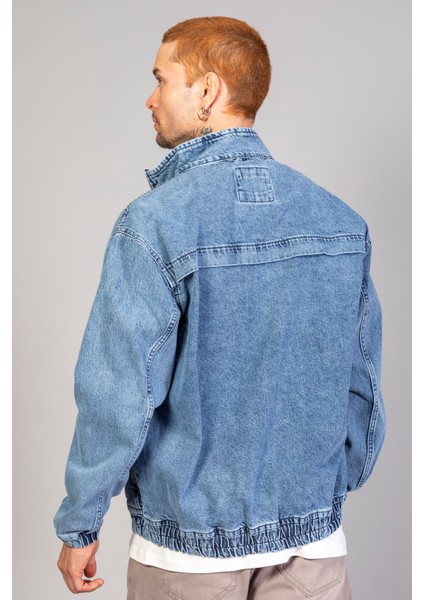 Oversize Buz Mavi Yıkama Modelli Erkek Fermuarlı Bomber Kot Ceket