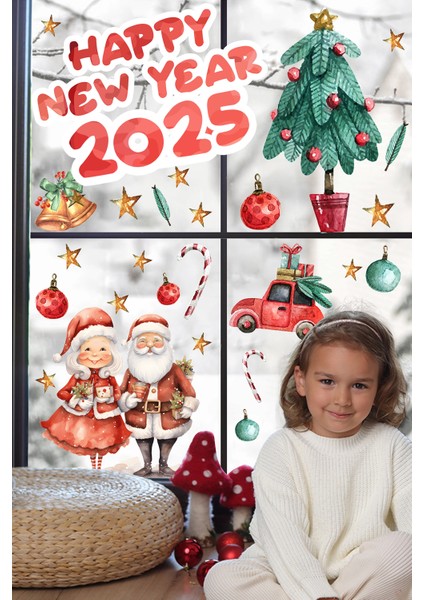 Hoşgeldin 2025, Happy New Year 2025 Yeni Yıl Kış Konseptli Sevimli Noel Baba ve Ağaçlar Figürler fırsatları