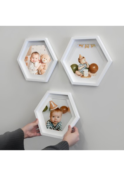 Yapışkanlı Sök-Tak Büyük Boy Beyaz Paspartulu Altıgen Çerçeve - 3'lü Paket