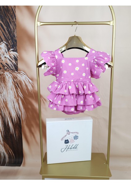 Bebek Çocuk Mor Çiçekli Fiyonk Detaylı Poplin Keten Etekli Romper Tulum modelleri