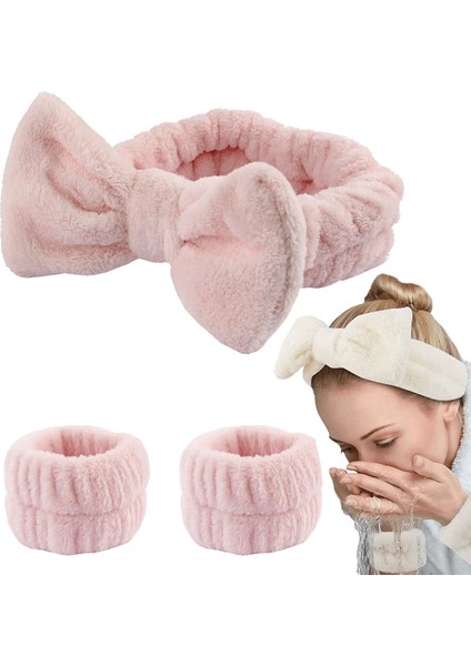 Fiyonk ve Kolluklu Peluş Bandana Makyaj Spa Saç Bandı Pudra Pembe
