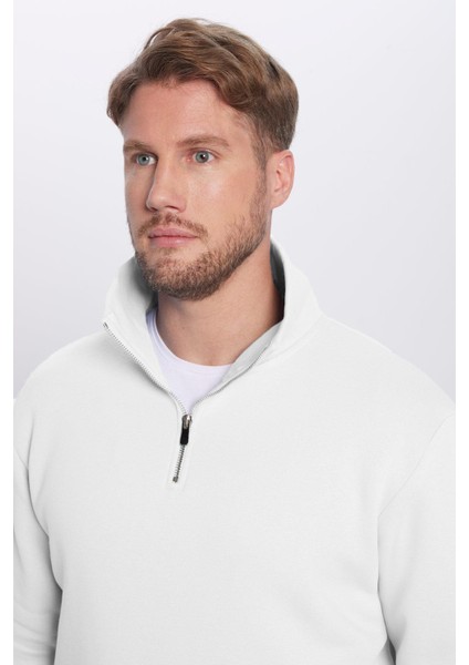 Unisex Relax Fit Rahat Kesim Pamuklu Içi Polarlı Yarım Fermuarlı Beyaz Dik Yaka Sweatshirt