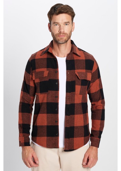 Erkek Slim Fit Dar Kesim Oduncu Çift Cep Kapaklı Kareli Kışlık Gömlek