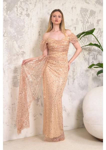 Kayık Yaka Incili Pullu Gold Abiye fiyatları