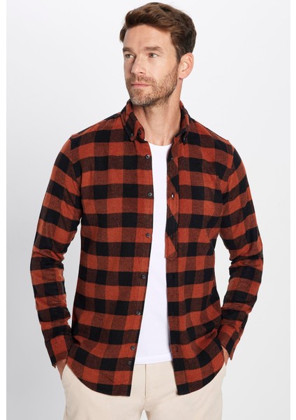 Erkek Slim Fit Dar Kesim Oduncu Düğmeli Yaka Kareli Kışlık Gömlek modelleri