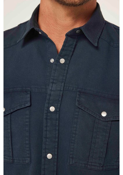 Erkek Slim Fit Uzun Kollu Spor Yaka Yıkamalı Çift Cepli Armürlü Denim Antrasit Gömlek