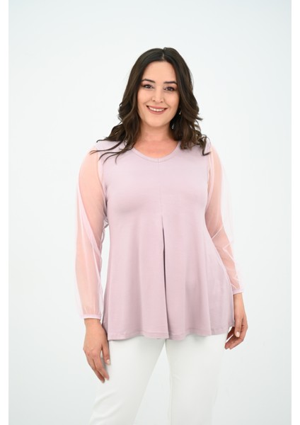 Kadın Büyük Beden Pileli V Yaka Tül Detaylı Bluz 1857-25