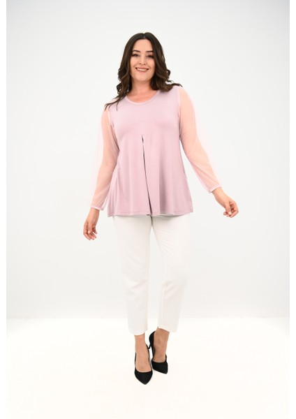 Kadın Büyük Beden Pileli V Yaka Tül Detaylı Bluz 1857-25 fiyatları