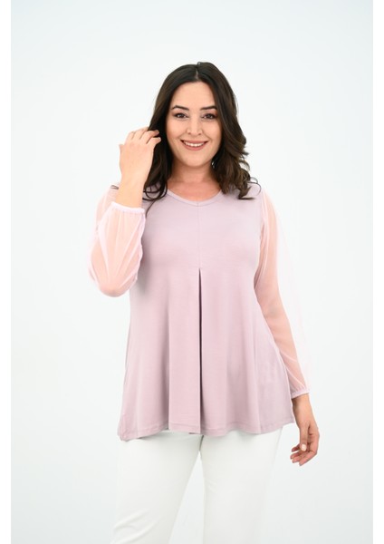 Kadın Büyük Beden Pileli V Yaka Tül Detaylı Bluz 1857-25 modelleri