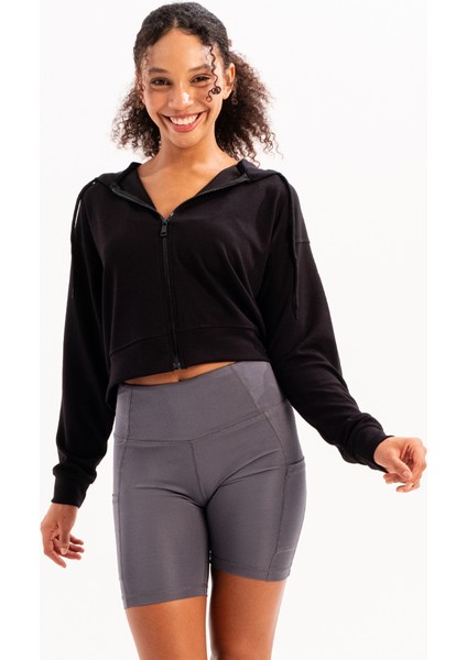 Crop Kapüşonlu Fermuarlı Siyah Kadın Sweatshirt - Atria