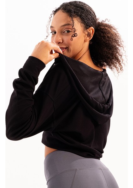 Crop Kapüşonlu Fermuarlı Siyah Kadın Sweatshirt - Atria indirimleri