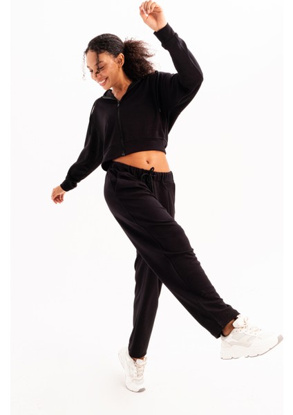 Crop Kapüşonlu Fermuarlı Siyah Kadın Sweatshirt - Atria