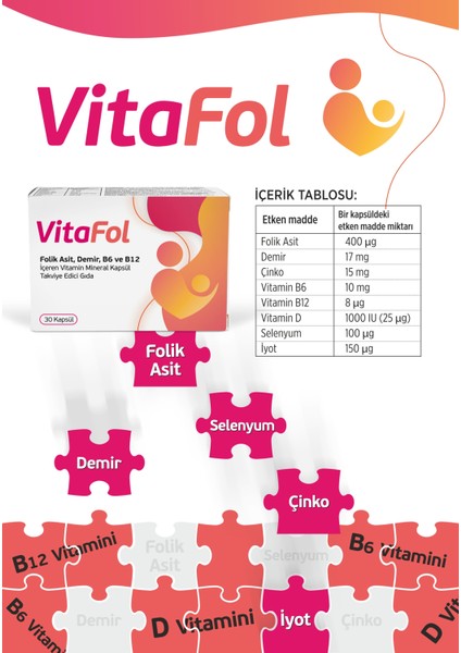 Vitafol Folik Asit, Demir,selenyum, B6 ve B12 Içeren 30 Kapsül