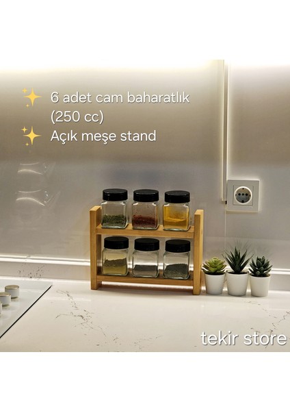 6'lı Ahşap Baharatlık Standlı 6 Adet Cam Çift Taraflı Açılır Kapaklı Kavanoz 1. Sınıf Extra Çam