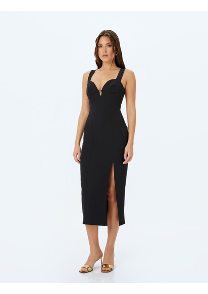 x Zeynep Bastık - Slim Fit Önden Yırtmaç Detaylı Midi Boy Askılı Kalp Yaka Kalem Elbise modelleri