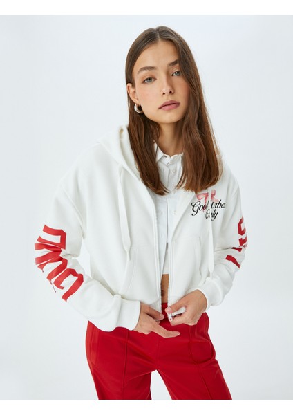 Arkası Baskılı Kapüşonlu Fermuarlı Cepli Sweatshirt