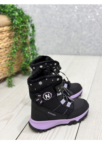 Siyah -Mor Desenli Kız Çocuk Botu
