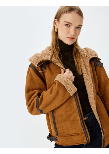 Süet Görünümlü Içi Peluş Kapüşonlu Fermuarlı Cepli Oversize Ceket