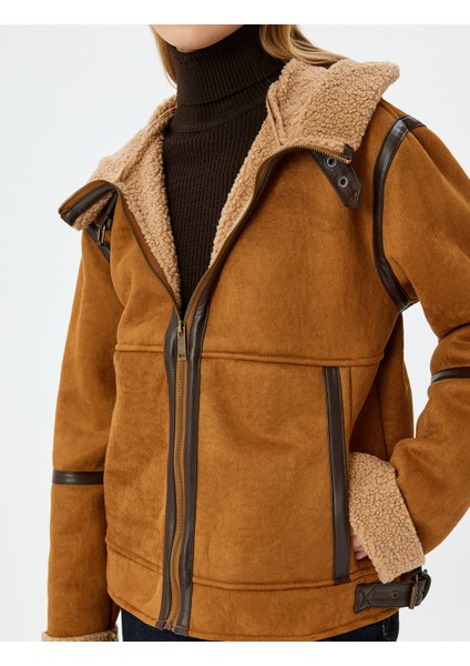 Süet Görünümlü Içi Peluş Kapüşonlu Fermuarlı Cepli Oversize Ceket indirimleri