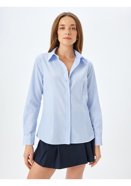 Uzun Kollu Slim Fit Çizgili Poplin Gömlek