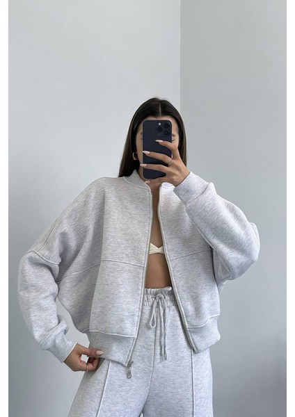 Dipmoda kadın şardonlu üç iplik eşofman takımı GTS018 - Gri Melanj modelleri