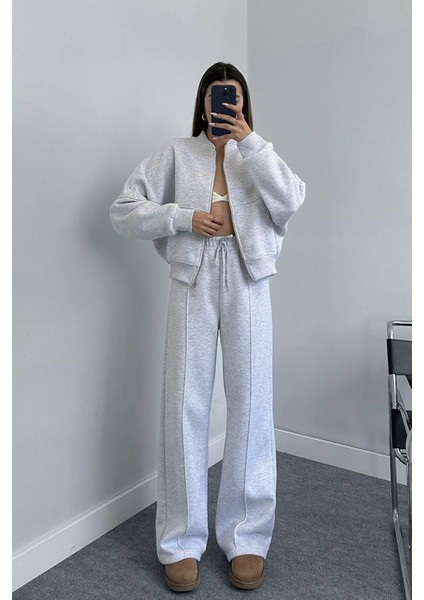 Dipmoda kadın şardonlu üç iplik eşofman takımı GTS018 - Gri Melanj fiyatları