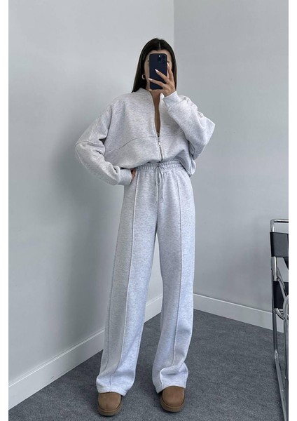 Dipmoda kadın şardonlu üç iplik eşofman takımı GTS018 - Gri Melanj