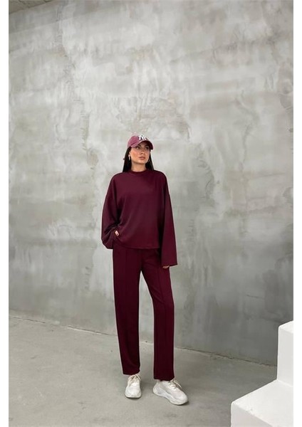 Dip Moda Kadın Bordo Oversize Alt Üst Eşofman Takımı DPNBDM002