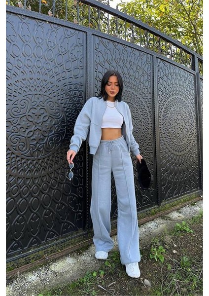 Dipmoda kadın gri fermuarlı kışlık eşofman takımı DPG026 fiyatları