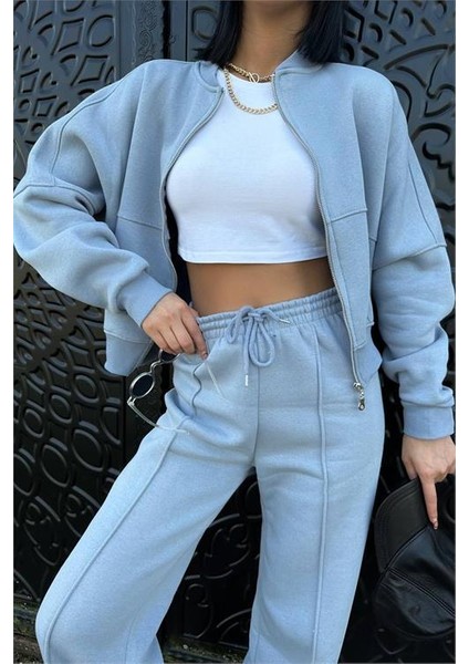 Dipmoda kadın gri fermuarlı kışlık eşofman takımı DPG026 modelleri