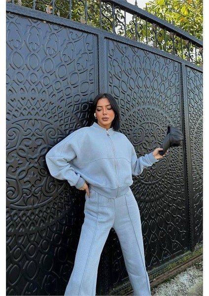 Dipmoda kadın gri fermuarlı kışlık eşofman takımı DPG026 fırsatları