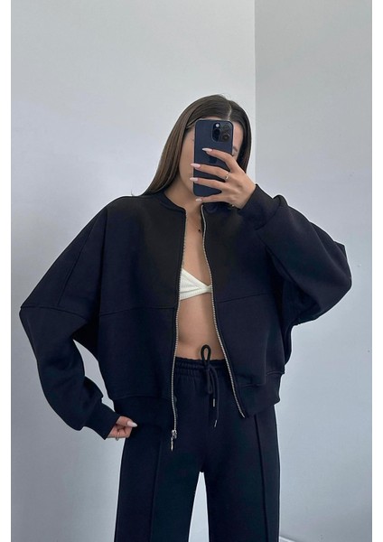 Dipmoda kadın 3 iplik içi pamuklu kışlık eşofman takımı GTS018 - Siyah modelleri