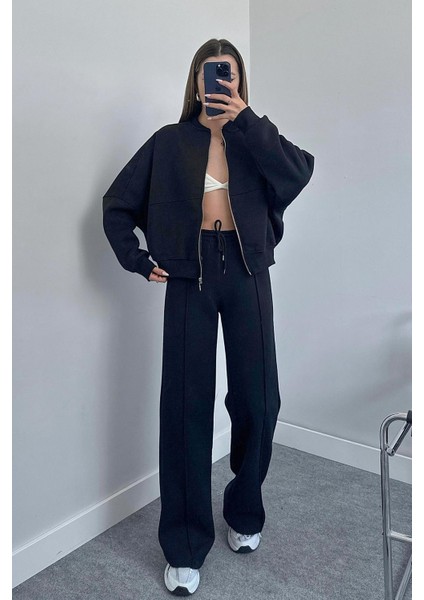 Dipmoda kadın 3 iplik içi pamuklu kışlık eşofman takımı GTS018 - Siyah