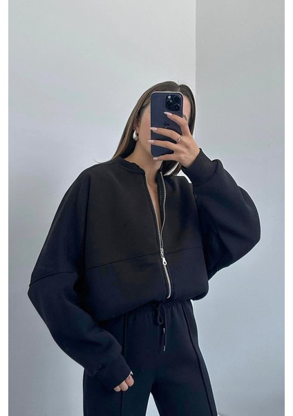 Dipmoda kadın 3 iplik içi pamuklu kışlık eşofman takımı GTS018 - Siyah fırsatları