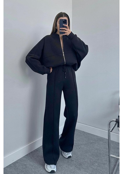 Dipmoda kadın 3 iplik içi pamuklu kışlık eşofman takımı GTS018 - Siyah fiyatları