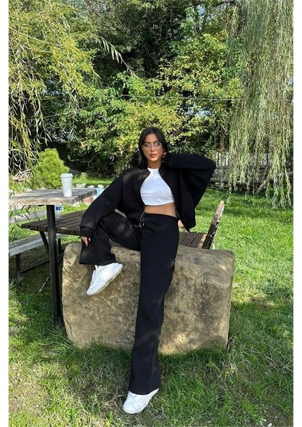 Dipmoda kadın siyah fermuarlı kışlık salaş eşofman takımı DPG026