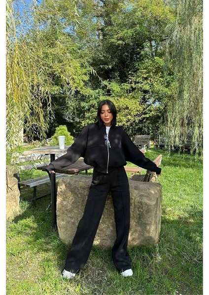 Dipmoda kadın siyah fermuarlı kışlık salaş eşofman takımı DPG026 fiyatları