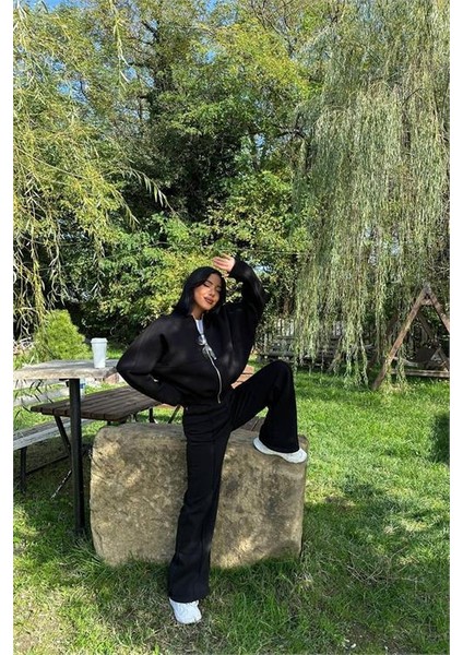 Dipmoda kadın siyah fermuarlı kışlık salaş eşofman takımı DPG026 modelleri