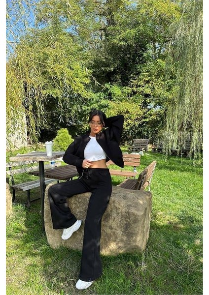 Dipmoda kadın siyah fermuarlı kışlık salaş eşofman takımı DPG026 fırsatları