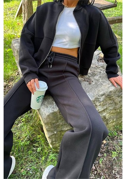 Dipmoda kadın siyah fermuarlı kışlık salaş eşofman takımı DPG026 indirimleri