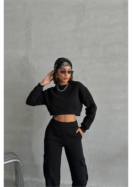 Dip Moda Kadın Bisiklet Yaka Crop Eşofman Takımı DPNBG041