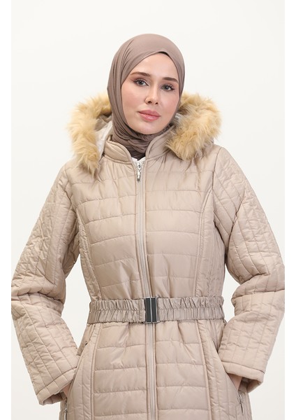 Kapüşonlu Kapitone Kaban 0813-05 Bej