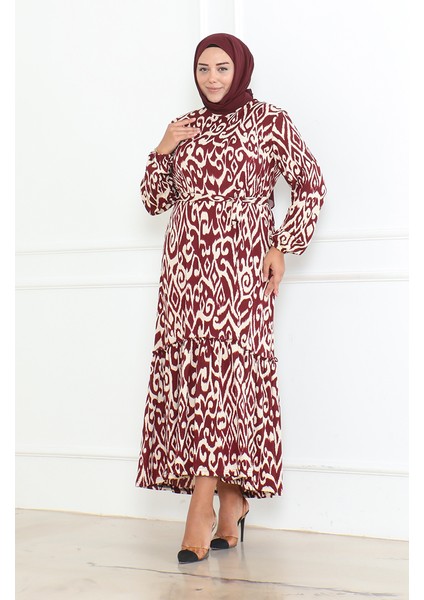 Destan Desenli Bürümcük Farbalı Elbise 46-56 Beden 4571F-02 Bordo