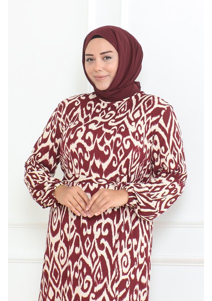 Destan Desenli Bürümcük Farbalı Elbise 46-56 Beden 4571F-02 Bordo modelleri