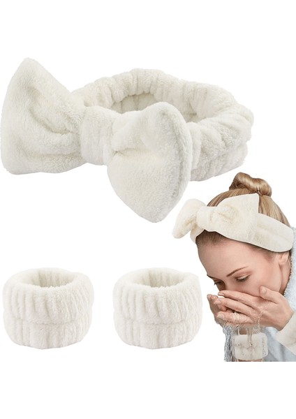 Fiyonk ve Kolluklu Peluş Bandana Makyaj Spa Saç Bandı Beyaz
